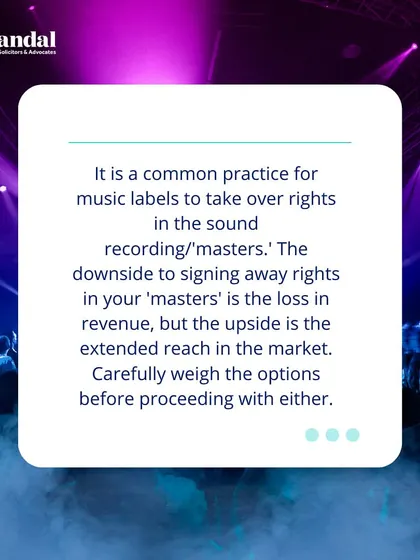 It is common for music labels to take over rights in the sound recording. We advise artists to carefully weigh the pros and cons before signing away their 'masters'.