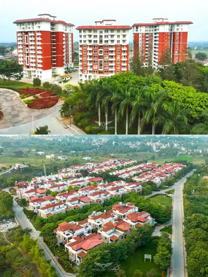 A combined view of the high-rise towers and the sprawling villa development at Zuari Garden City, captured to give a complete overview for real estate marketing.