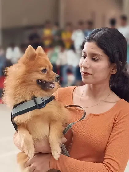 A pet parent shares a loving gaze with her Pomeranian at a college pet show. We enjoy partnering with local organizations to bring more fun and engagement to the pet community.