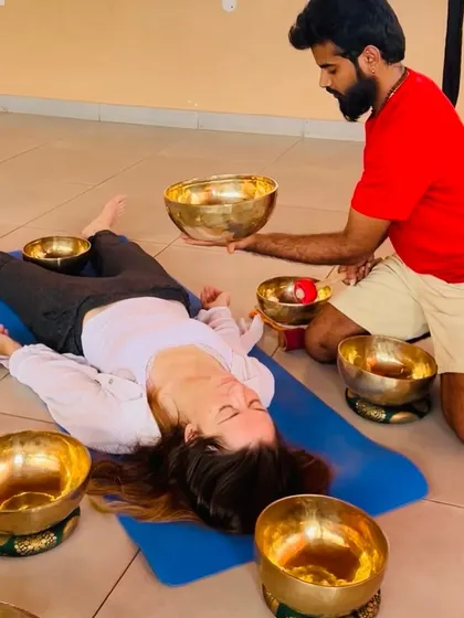 A private sound healing session during a retreat, offering personalized attention.