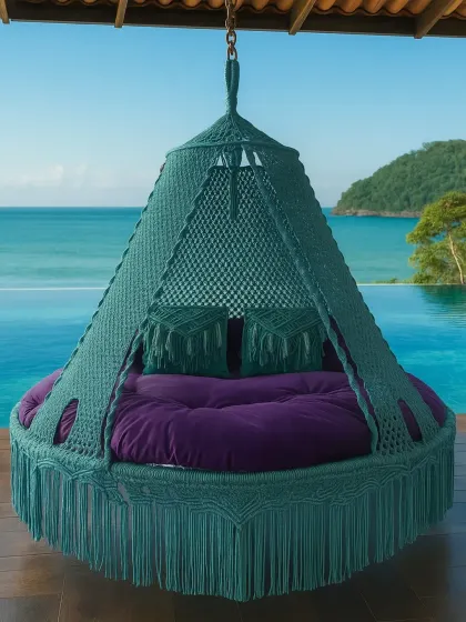 Imagine this being your personal spot to relax. Our handmade macrame bed swing, shown here in a beautiful teal, is perfect for any porch or balcony with a view. We make it strong and comfortable, so all you have to do is unwind.