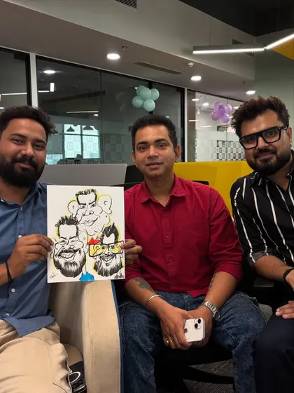 A trio of colleagues with their group caricature. My booth is a popular spot for team bonding at corporate events.