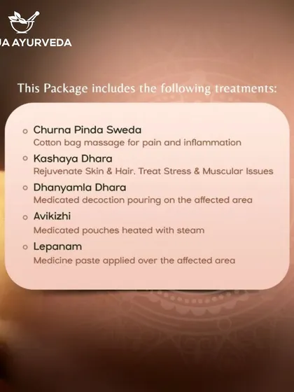 For conditions like Rheumatoid Arthritis (Amavata), we offer a package of treatments including Churna Pinda Sweda (cotton bag massage) and Kashaya Dhara to reduce pain and inflammation.