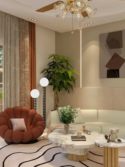 Another angle of the living room, focusing on the abstract rug and the balance of curved furniture with linear wall details.