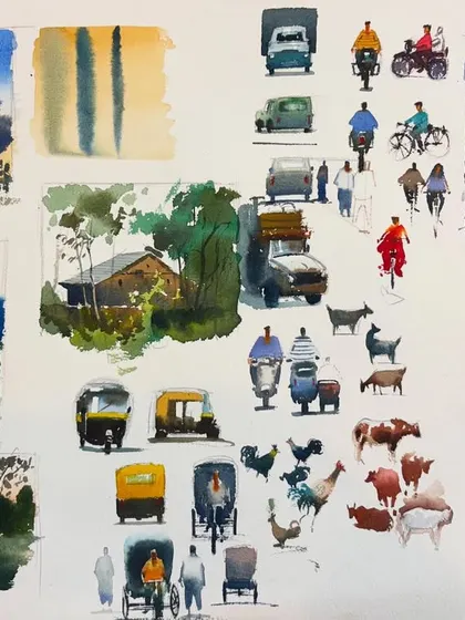 A collection of advanced watercolor studies, including landscapes, vehicles, figures, and animals, from one of my online classes.
