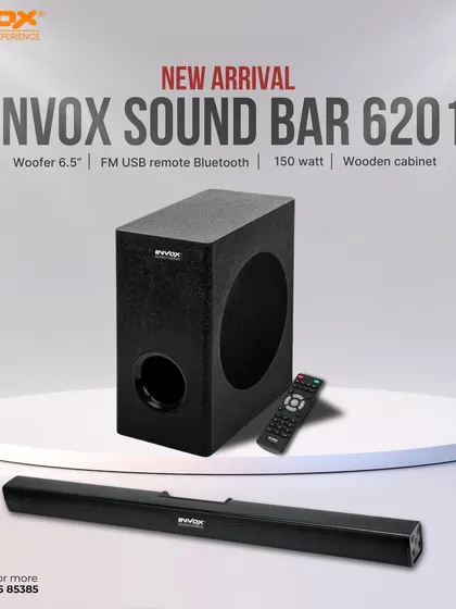 For a clean and minimalist setup, my Invox Sound Bar 6201 is a great choice. It comes with a 6.5-inch woofer and a premium wooden cabinet for 150 watts of powerful, clear audio.