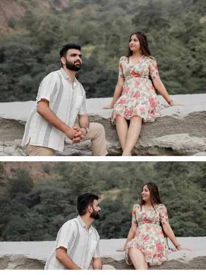 A series of candid and posed shots of a couple interacting on the rocks by the river, capturing their natural chemistry.