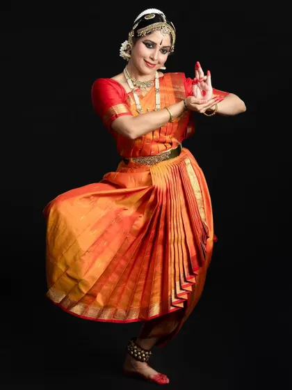 A beautiful studio shot of Ambili Krishnan, her costume and posture ready for the stage.