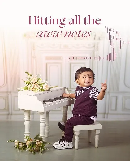 Hitting all the "aww" notes. My little maestro theme, complete with a miniature white piano and musical notes, is perfect for capturing the budding artist in your child.
