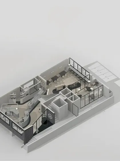 A top-down 3D view of the layout, clarifying the bean-inspired shape of the central bar.