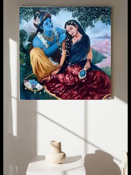 A beautiful Radha Krishna painting hanging on a wall, showing how divine art can bring a sense of peace and love to your living space.