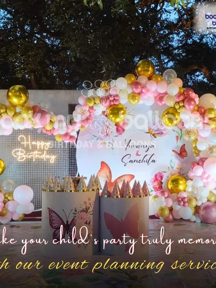 This butterfly themed birthday for Yuvanya and Sanchita shows how we can make your child's party truly memorable with our event planning services. The outdoor setup with a neon sign is both elegant and fun.
