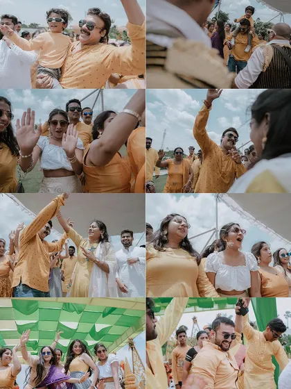 A collage of the joyful and energetic dancing at a Haldi celebration.