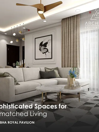A sophisticated living space for unmatched living, featuring a minimalist sofa and abstract art. The design is clean and modern, with a focus on high-quality furniture and a balanced layout.