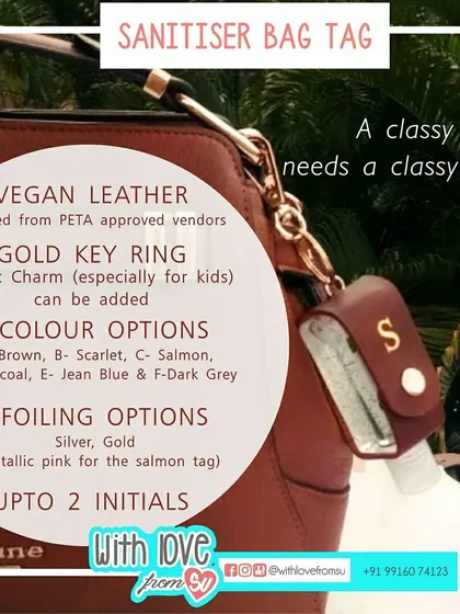 This image details all the customization options for my sanitizer bag tags, including the PETA-approved vegan leather, six color choices, and two foiling options for your initials.