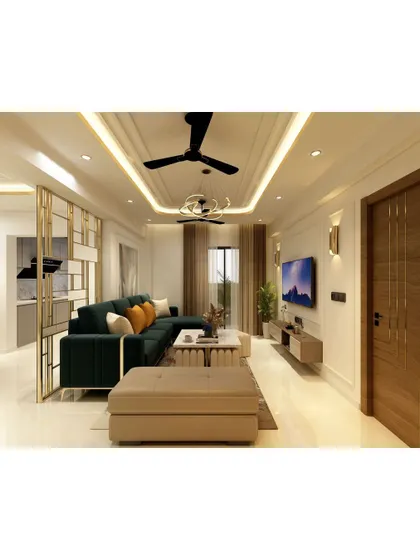 A complete living room setup showcasing a dark green sofa, a sleek media console, and a gold-accented partition. The false ceiling with cove lighting adds a layer of sophistication to the entire space.