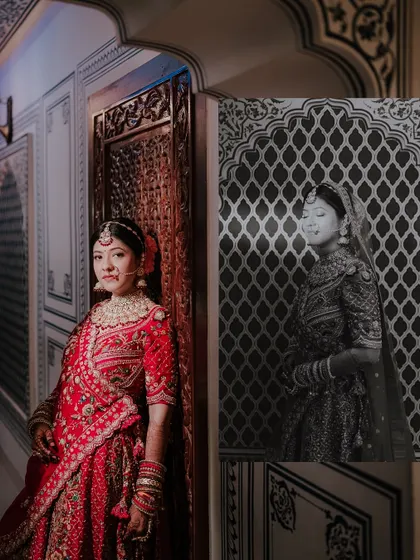A creative diptych of the bride, Khyati. I combined a full-color portrait with a black and white version framed by the palace architecture, showcasing both her vibrant lehenga and the timeless setting.