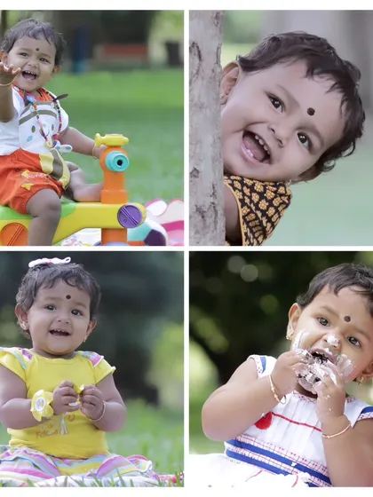 This collage showcases the variety of expressions and moments I capture during a single kids' portfolio session, from playful smiles to cake-smeared faces.