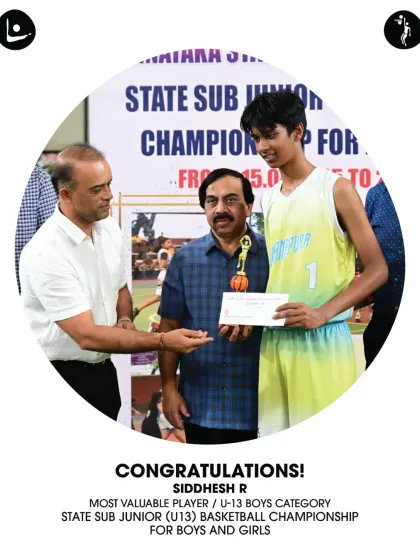 Siddhesh R was named Most Valuable Player (MVP) in the U-13 State Basketball Championship, a testament to his skill and the effectiveness of our performance batch training.