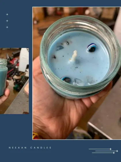 This is my Evil Eye protection candle, infused with crystals for extra energetic support. The light blue color promotes calm and clarity while the evil eye beads ward off negativity.