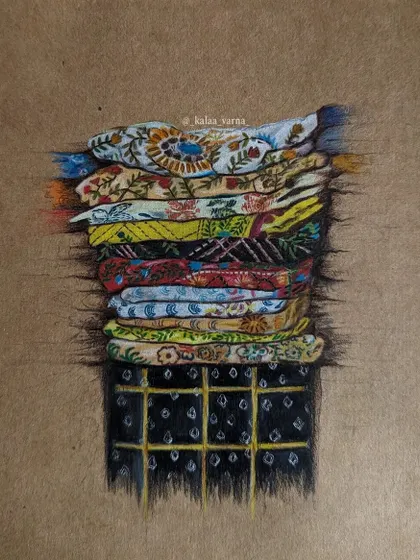 A stack of folded cloths, each with its own unique pattern and color. This colored pencil drawing is an appreciation of the rich textiles and fabrics that are part of our visual culture.