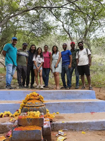 The group at a small local shrine at the start of a trek. We respect and acknowledge the local culture on all our trips.