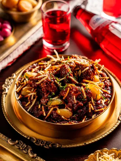 A close-up of Salli Boti from Gallops, a classic Parsi dish. The shot highlights the crispy potato straws and rich gravy, captured in traditional brass serveware.