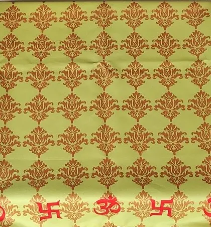 The full view of the traditional lime-green antarpat, showcasing the repeating damask pattern and the border of auspicious symbols. It's a beautiful and meaningful piece for your wedding ceremony.