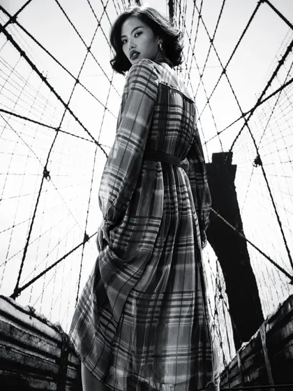 Creating a powerful editorial moment in New York. I chose this flowing plaid dress to contrast with the graphic lines of the Brooklyn Bridge, giving it a high-fashion, metropolitan feel for this model's portfolio.