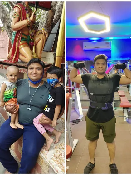 Dr. Kapil holding his children before his transformation, contrasted with his strong physique after, showing his journey to becoming a fitter father.