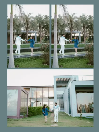 A collage showing the couple walking hand-in-hand on the lawn of a modern property, capturing their joyful and relaxed interaction.