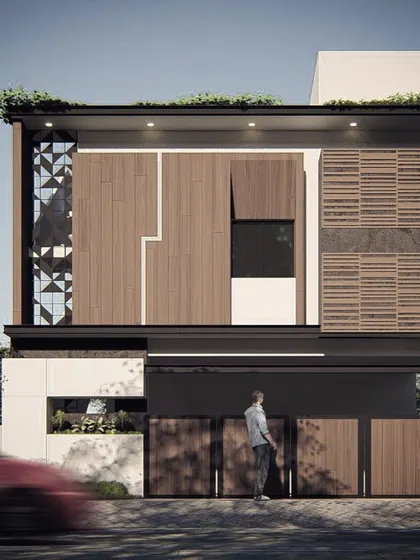 The final, photorealistic render of the Manjulamma residence. This image details the complex interplay of wood panels, geometric screens, and other contemporary facade elements that define the project.