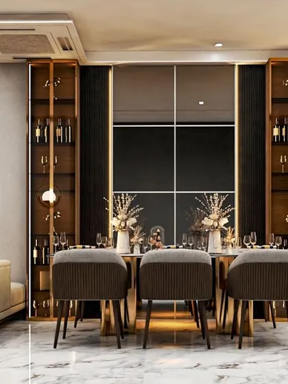 A 3D render of a dining area with a mirrored wall that reflects the space, dark wood cabinetry with gold trim, and modern upholstered chairs.