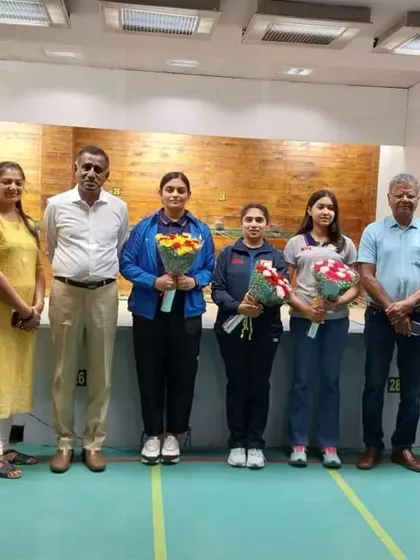 The group photo from the KSRA felicitation ceremony, honoring Karnataka's top shooters for their international exploits.