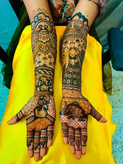 A vibrant and artistic design featuring a large, modern portrait of a goddess on one arm and a classic bride-groom portrait on the other.