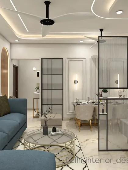 This 3D render shows how a glass and metal partition can elegantly divide a living and dining area. It maintains an open feel while defining each zone, adding a touch of modern industrial style.