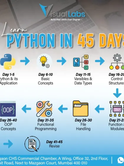 Our intensive "Learn Python in 45 Days" roadmap. We take you from basic concepts and data types to Object Oriented Programming and file handling, ensuring you have a solid foundation in a short time.
