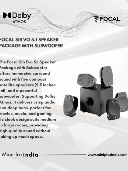 The Focal Sib Evo 5.1 speaker package is a compact solution for powerful surround sound. Supporting Dolby Atmos, it delivers crisp audio and deep bass, ideal for medium to large rooms.
