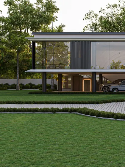 This render shows the relationship between the outhouse and the main home in the distance. Though separate structures, they share a common architectural language of modernism, transparency, and clean lines.