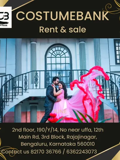 An advertisement for our pre-wedding packages, featuring a couple in a stunning pink and red trail gown in front of a classic white building.