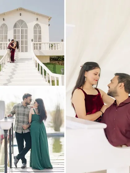 This collage highlights some of the most popular sets: the white chapel, a romantic piano setup, and a bridge over the water, offering great variety in one location.