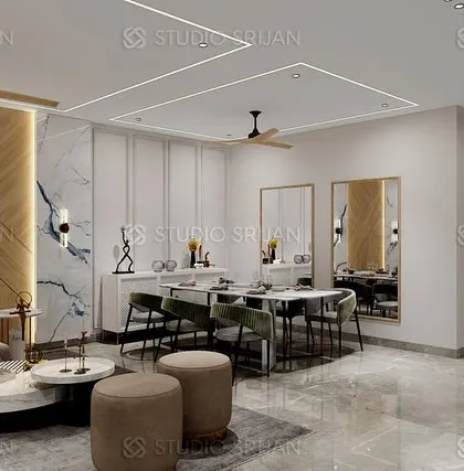 The dining section of the DLF home, with elegant twin mirrors that enhance the sense of space and light.