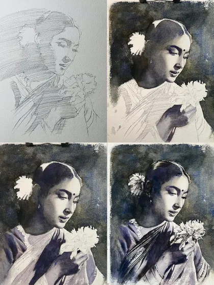 A four-panel grid showing the process of the Nutan portrait with flowers. It's a useful teaching tool to demonstrate how I build up values and details.