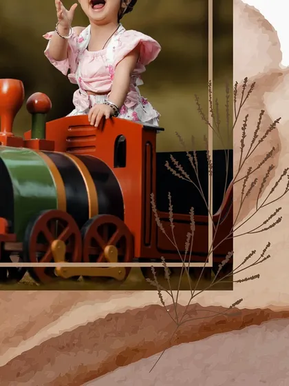 A collage-style image capturing the pure joy of a little girl playing on a toy train. Her happy shout is a perfect expression of childhood fun.