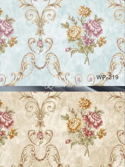 Two color options for a traditional floral damask wallpaper, one in light blue and one in beige.