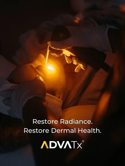 The ADVATx laser helps restore radiance and dermal health. This image captures the gentle yet powerful yellow light energy being delivered to rejuvenate the skin from within.