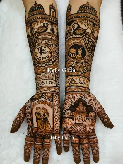 Your mehndi should be all about you. For this bride, I included the Boston skyline, her love for Manchester United, and even some fast food favorites. Bol! Tell me your story, and I'll draw it.