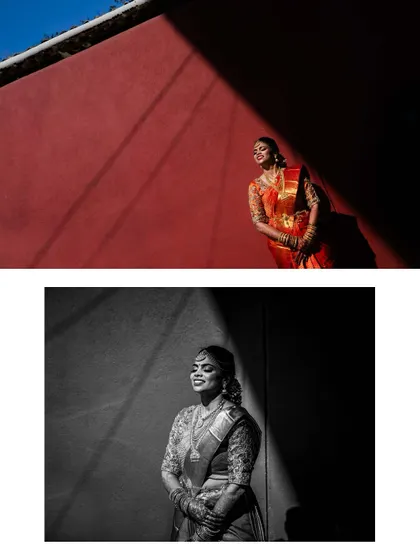 A creative diptych of a South Indian bride. I used strong sunlight and shadows to create these high-contrast, artistic portraits in both color and black and white.