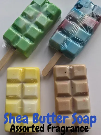 A collection of my shea butter soaps, including some in a fun chocolate bar shape and others as popsicles. These are great for gifting.
