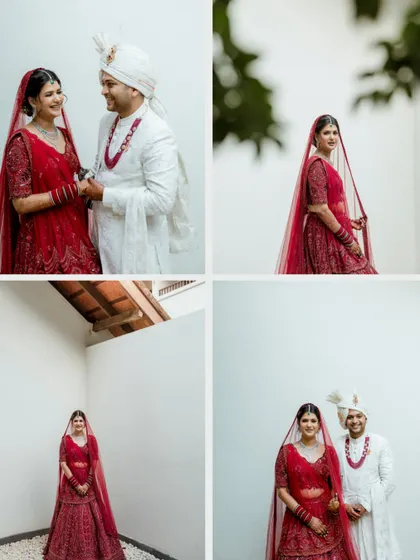 A collage of portraits showcasing the couple's chemistry and the beautiful, clean architecture of the Goa venue.